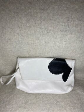 White Leather Wristlet Clutch with Black Accent